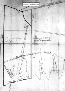 1787 map of Old Dartmouth showing approximate boundary of Westport, MA (source: Anon 1787).
