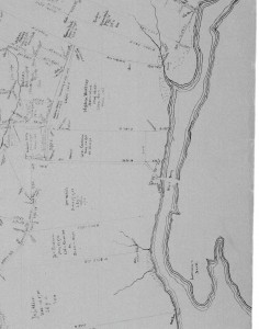 George Cadman’s parcel  and Thomas Coleman’s parcel to the south identified as William White (blue). Detail from map of Westport based on the transcriptions of Benjamin Crane’s field notes. Delineator and date unknown. Courtesy of the New Bedford Free Public Library.