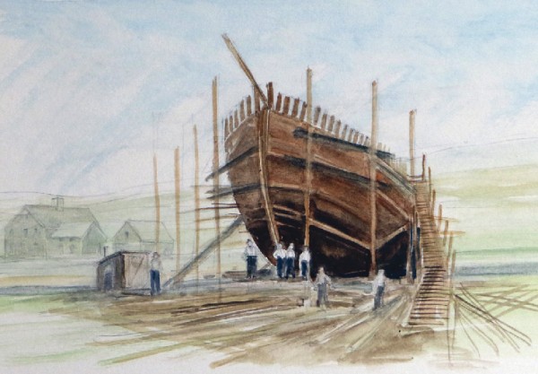 This could be the “Thomas Winslow” being built on the west landing, with the Thomas Winslow house, on the other side of the bridge, in the background.