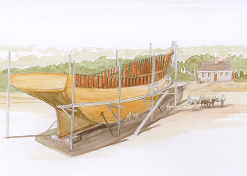 IN 1789, Cuffe purchased a small property on the west bank of the Westport River where he set up a shipbuilding business.  He built 5 ships.  The last, shown in this painting, was a brig named Traveller. It was his favorite ship.  He sailed it to Europe and Africa many times.